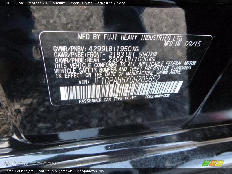 Crystal Black Silica / Ivory 2016 Subaru Impreza 2.0i Premium 5-door