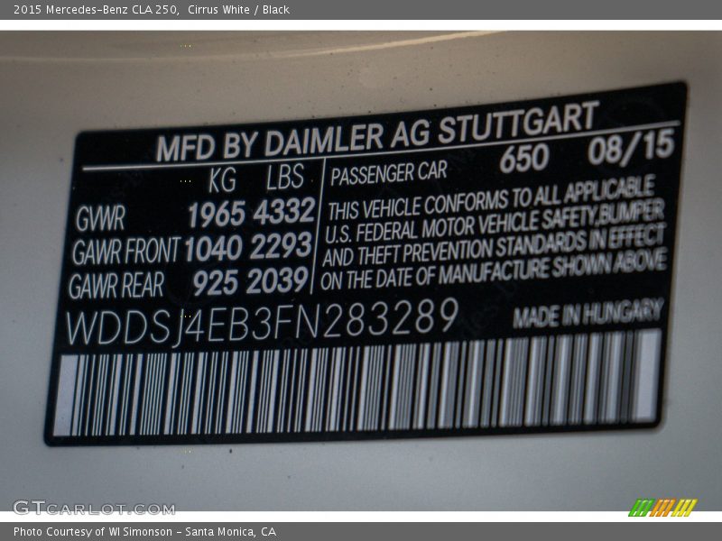 Cirrus White / Black 2015 Mercedes-Benz CLA 250