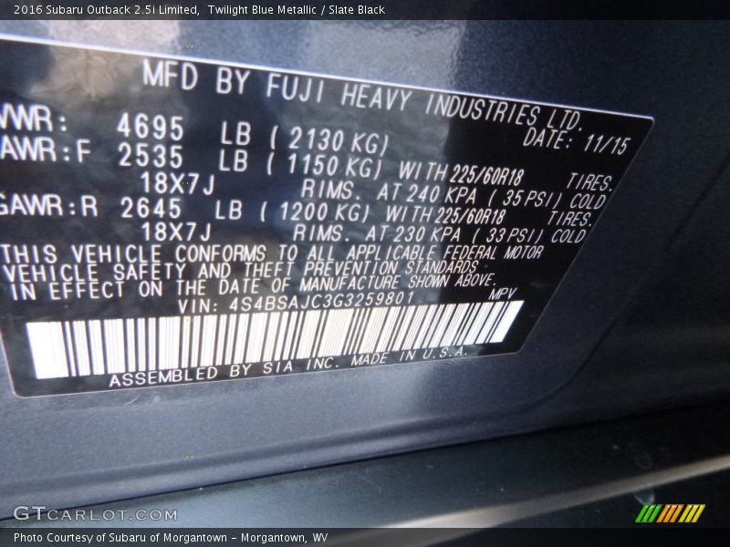 Twilight Blue Metallic / Slate Black 2016 Subaru Outback 2.5i Limited