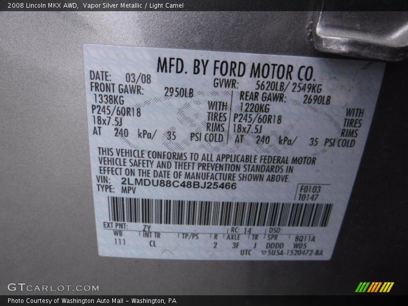 Vapor Silver Metallic / Light Camel 2008 Lincoln MKX AWD