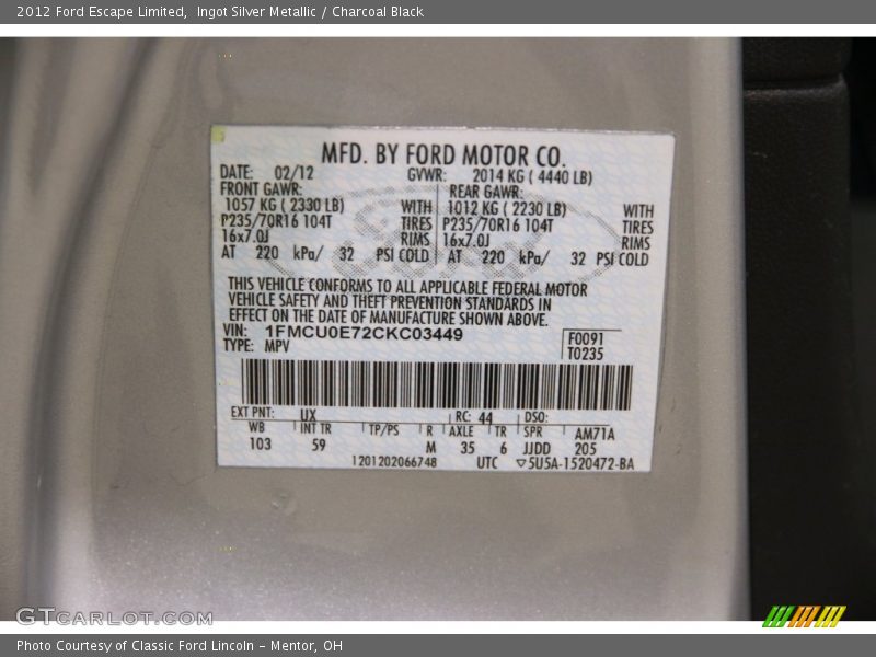 Ingot Silver Metallic / Charcoal Black 2012 Ford Escape Limited