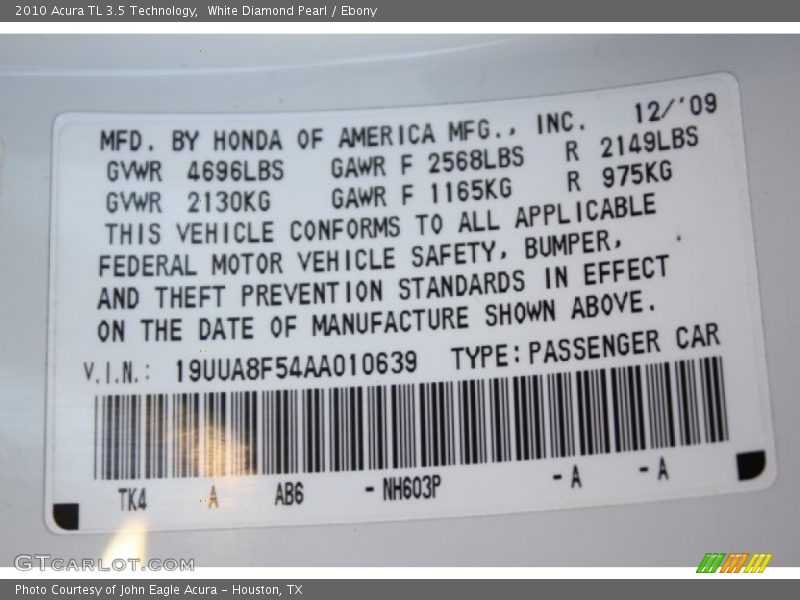 White Diamond Pearl / Ebony 2010 Acura TL 3.5 Technology