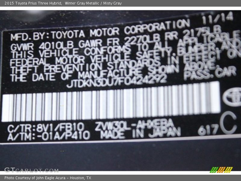 Winter Gray Metallic / Misty Gray 2015 Toyota Prius Three Hybrid
