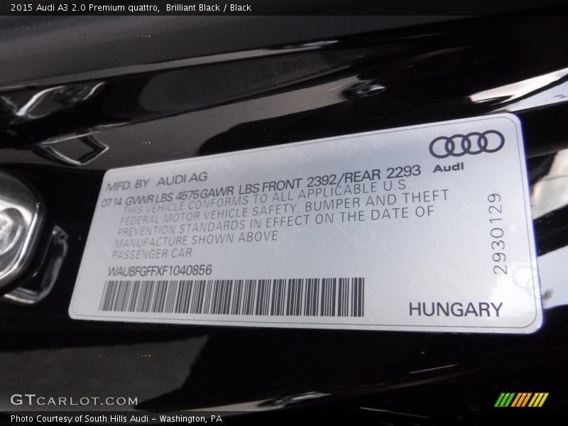 Brilliant Black / Black 2015 Audi A3 2.0 Premium quattro