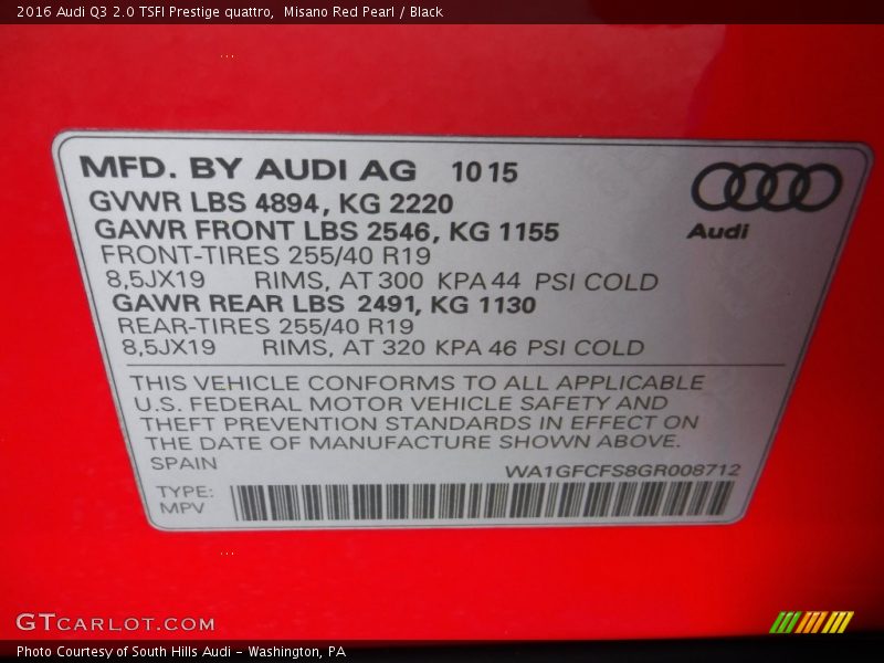 Misano Red Pearl / Black 2016 Audi Q3 2.0 TSFI Prestige quattro
