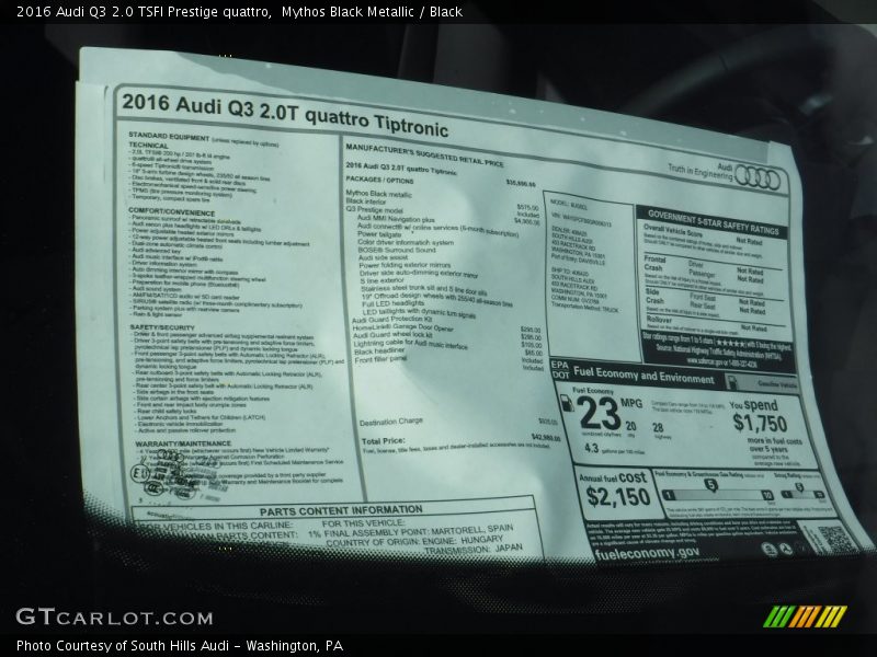  2016 Q3 2.0 TSFI Prestige quattro Window Sticker