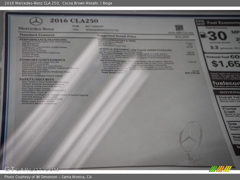  2016 CLA 250 Window Sticker