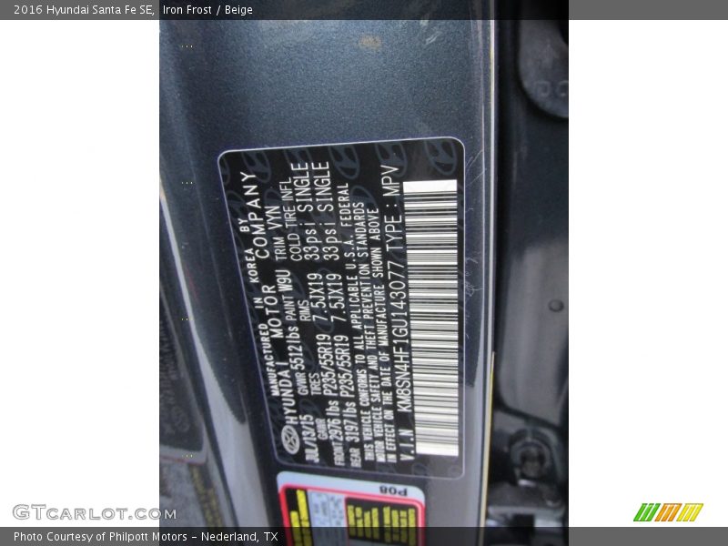 2016 Santa Fe SE Iron Frost Color Code W9U