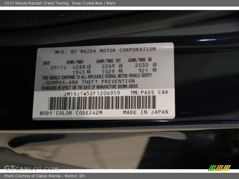 Deep Crystal Blue / Black 2015 Mazda Mazda6 Grand Touring
