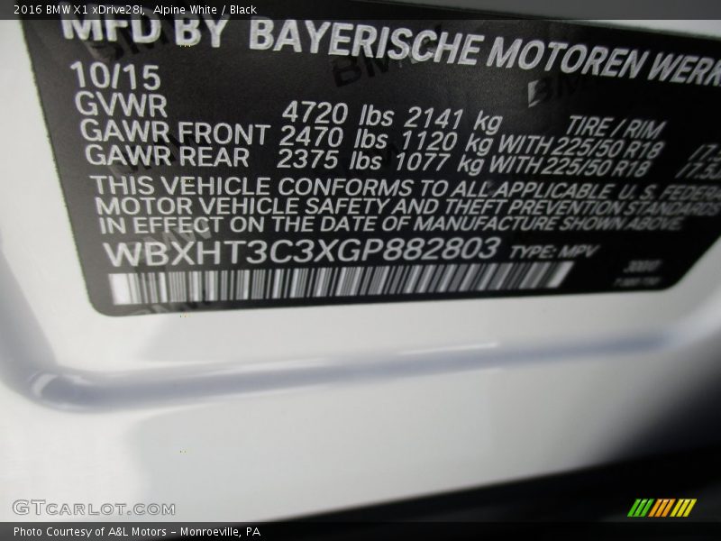 Alpine White / Black 2016 BMW X1 xDrive28i