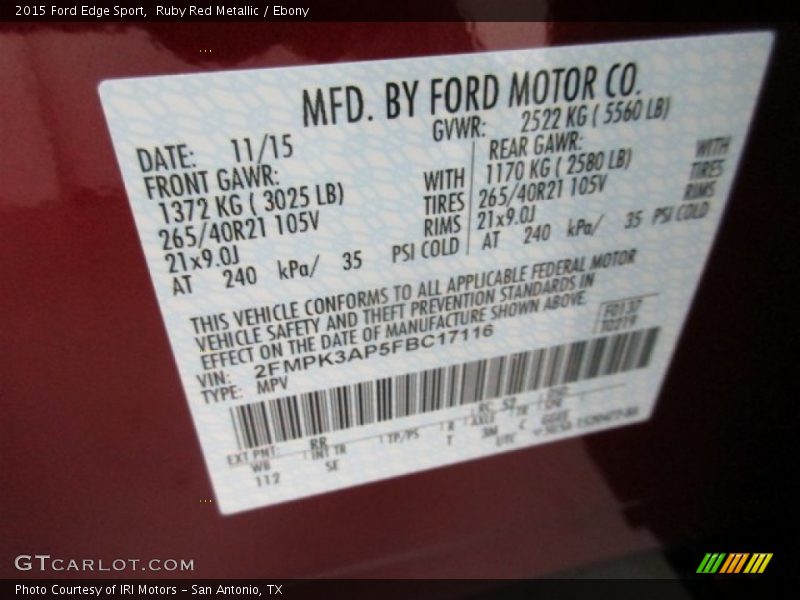 Ruby Red Metallic / Ebony 2015 Ford Edge Sport