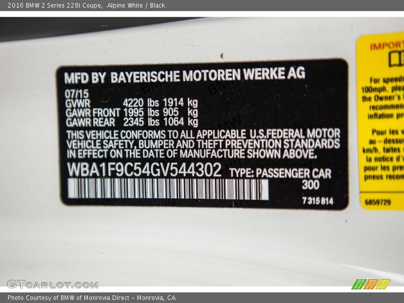 Alpine White / Black 2016 BMW 2 Series 228i Coupe