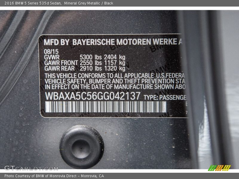 Mineral Grey Metallic / Black 2016 BMW 5 Series 535d Sedan