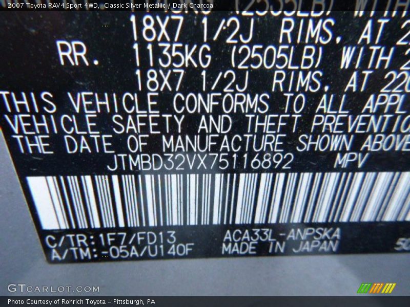 Classic Silver Metallic / Dark Charcoal 2007 Toyota RAV4 Sport 4WD