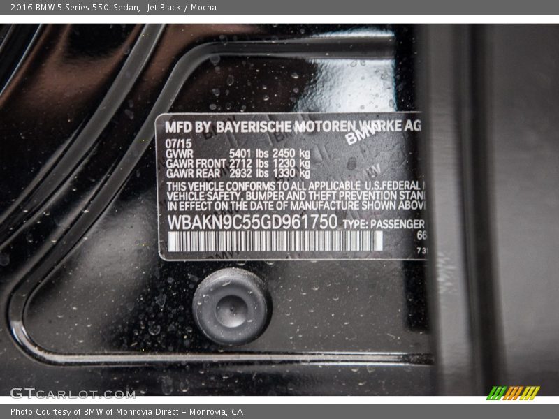 Jet Black / Mocha 2016 BMW 5 Series 550i Sedan