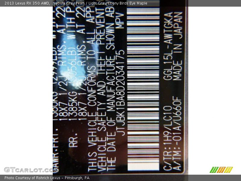Nebula Gray Pearl / Light Gray/Ebony Birds Eye Maple 2013 Lexus RX 350 AWD