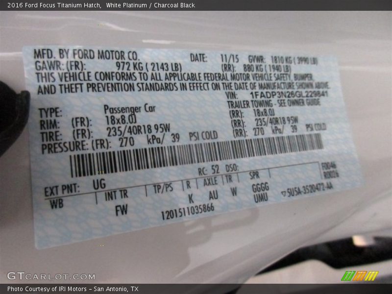 White Platinum / Charcoal Black 2016 Ford Focus Titanium Hatch