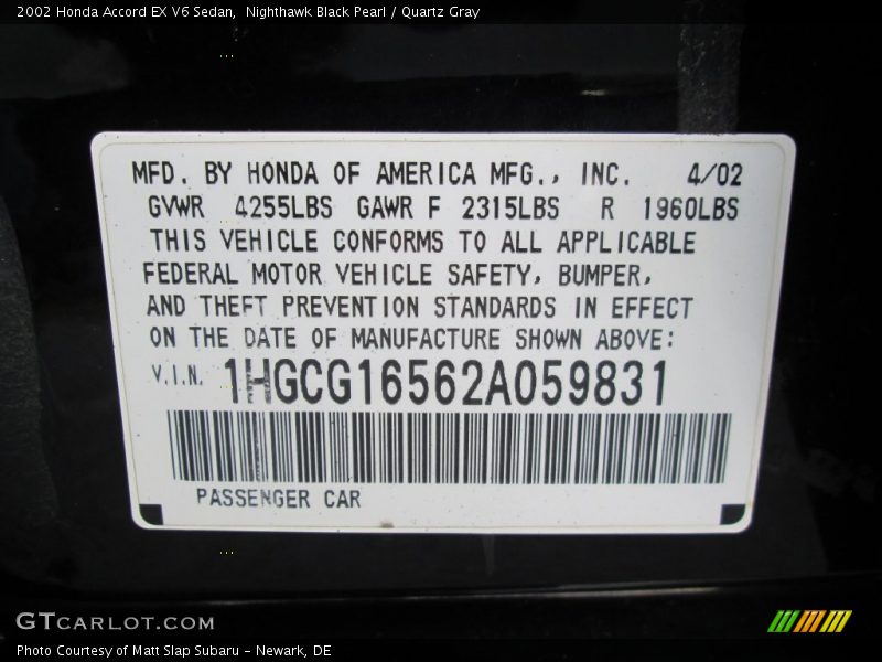 Nighthawk Black Pearl / Quartz Gray 2002 Honda Accord EX V6 Sedan