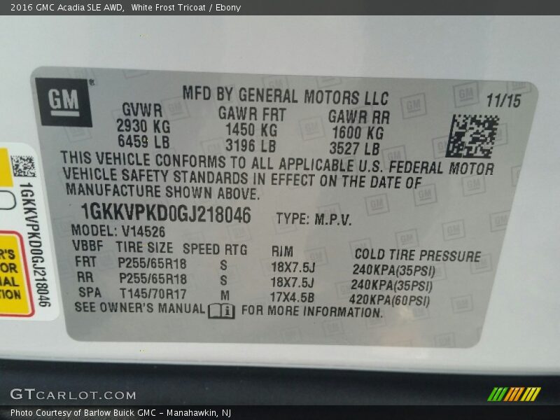 White Frost Tricoat / Ebony 2016 GMC Acadia SLE AWD