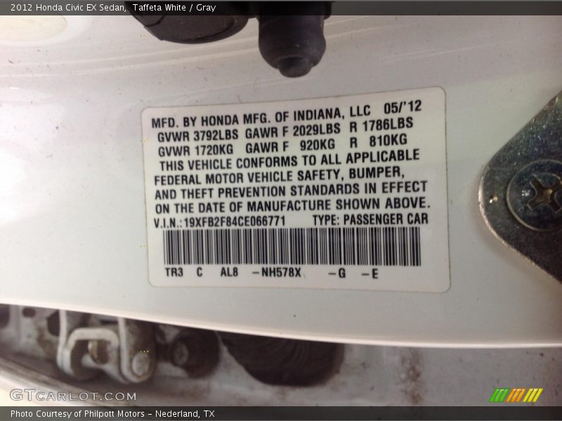 Taffeta White / Gray 2012 Honda Civic EX Sedan