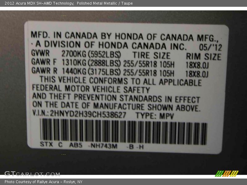 Polished Metal Metallic / Taupe 2012 Acura MDX SH-AWD Technology