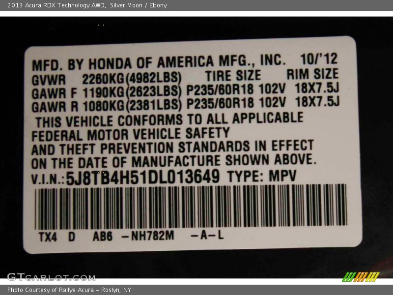 Silver Moon / Ebony 2013 Acura RDX Technology AWD