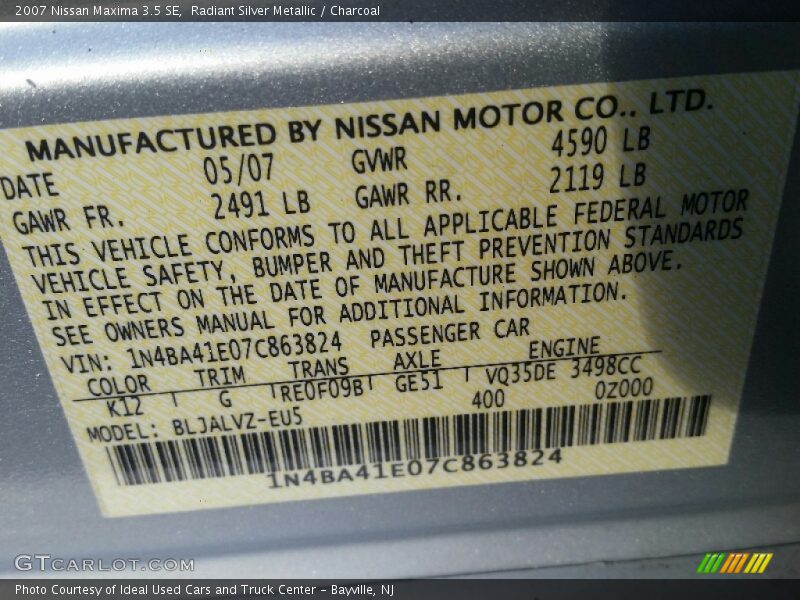 Radiant Silver Metallic / Charcoal 2007 Nissan Maxima 3.5 SE