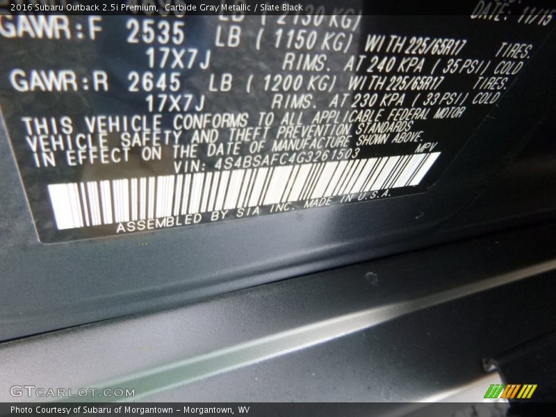 Carbide Gray Metallic / Slate Black 2016 Subaru Outback 2.5i Premium