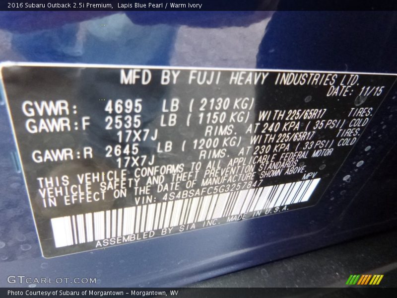 Lapis Blue Pearl / Warm Ivory 2016 Subaru Outback 2.5i Premium