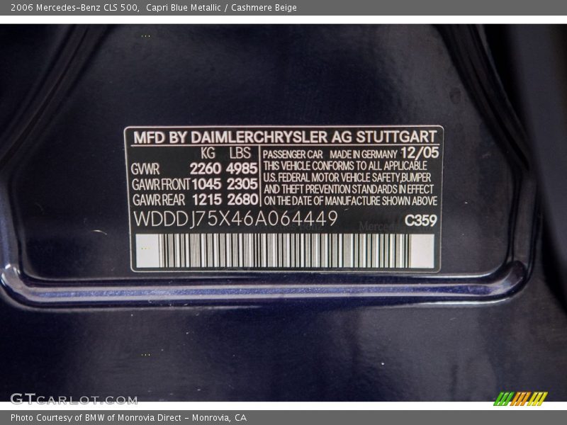2006 CLS 500 Capri Blue Metallic Color Code 359
