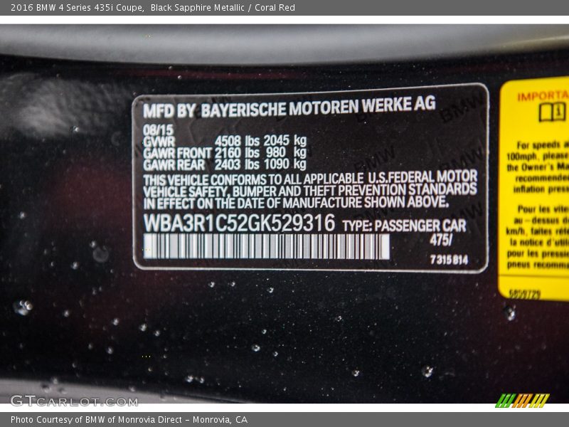 2016 4 Series 435i Coupe Black Sapphire Metallic Color Code 475