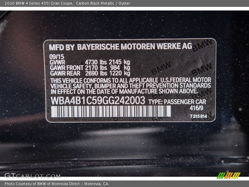 2016 4 Series 435i Gran Coupe Carbon Black Metallic Color Code 416