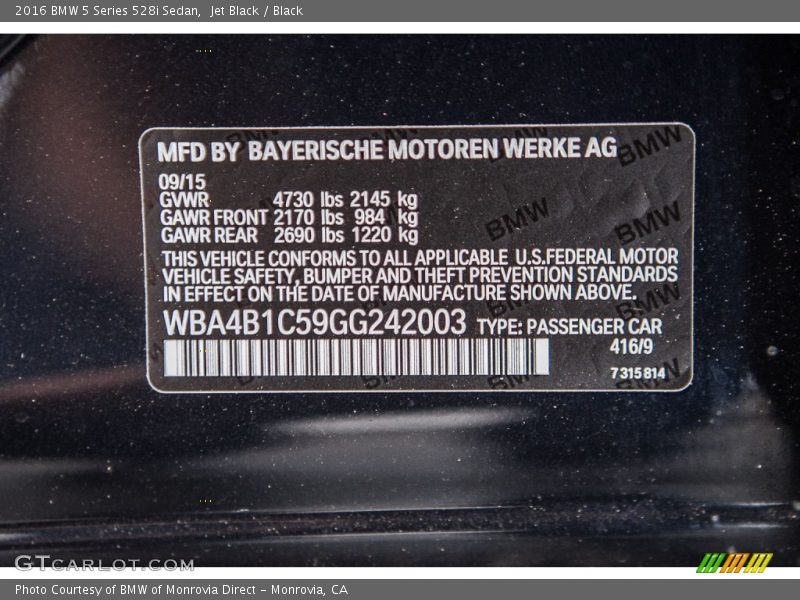 Jet Black / Black 2016 BMW 5 Series 528i Sedan
