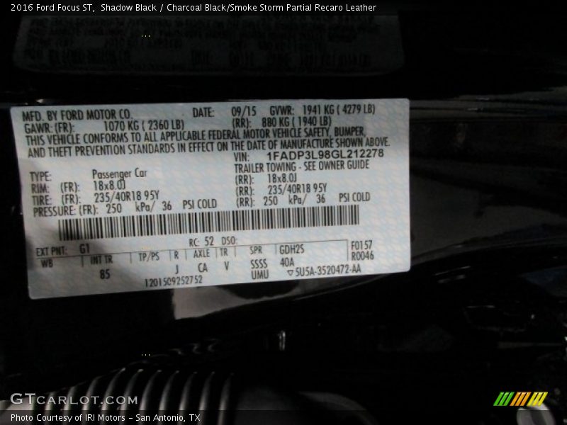 Shadow Black / Charcoal Black/Smoke Storm Partial Recaro Leather 2016 Ford Focus ST