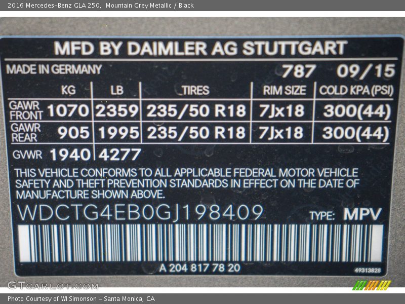 2016 GLA 250 Mountain Grey Metallic Color Code 787