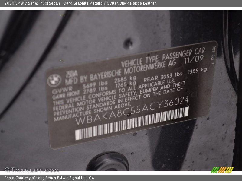 Dark Graphite Metallic / Oyster/Black Nappa Leather 2010 BMW 7 Series 750i Sedan