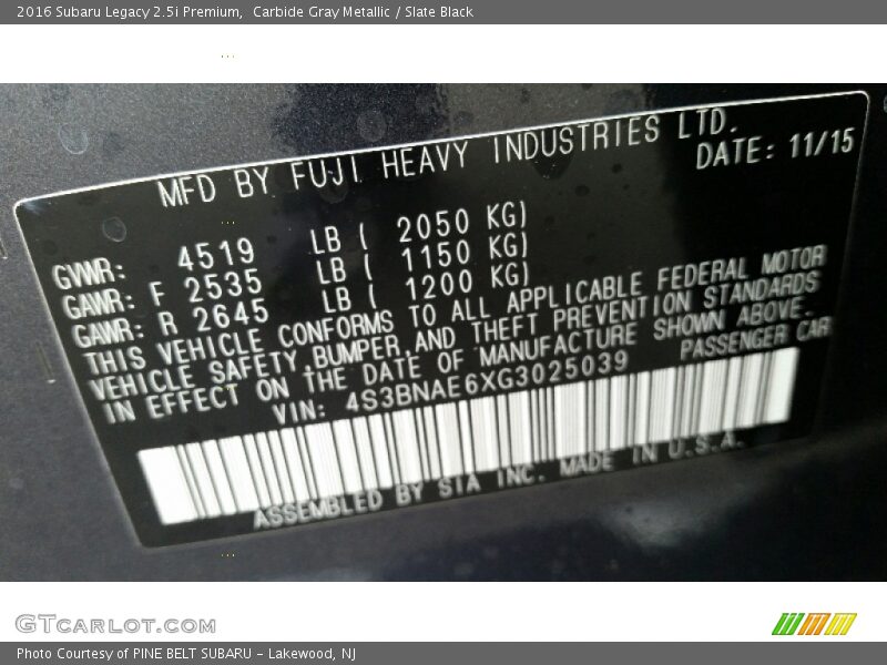 Carbide Gray Metallic / Slate Black 2016 Subaru Legacy 2.5i Premium