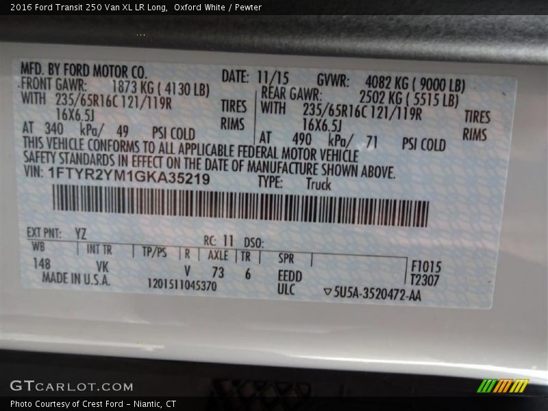 2016 Transit 250 Van XL LR Long Oxford White Color Code YZ