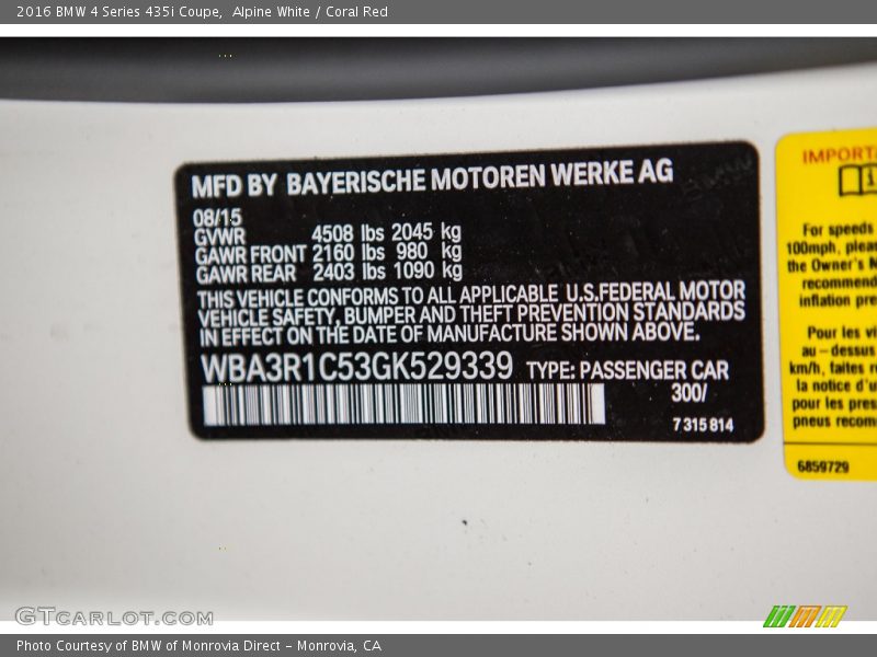 2016 4 Series 435i Coupe Alpine White Color Code 300