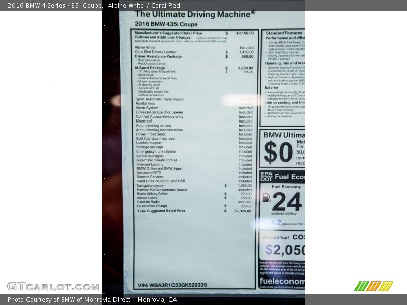  2016 4 Series 435i Coupe Window Sticker