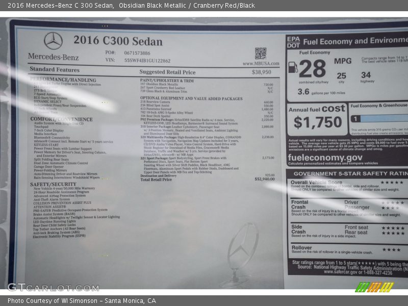  2016 C 300 Sedan Window Sticker
