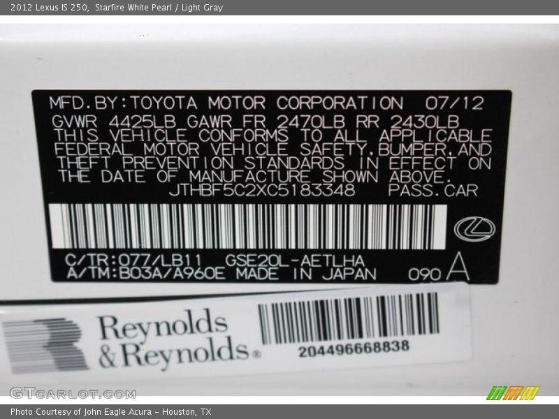 Starfire White Pearl / Light Gray 2012 Lexus IS 250