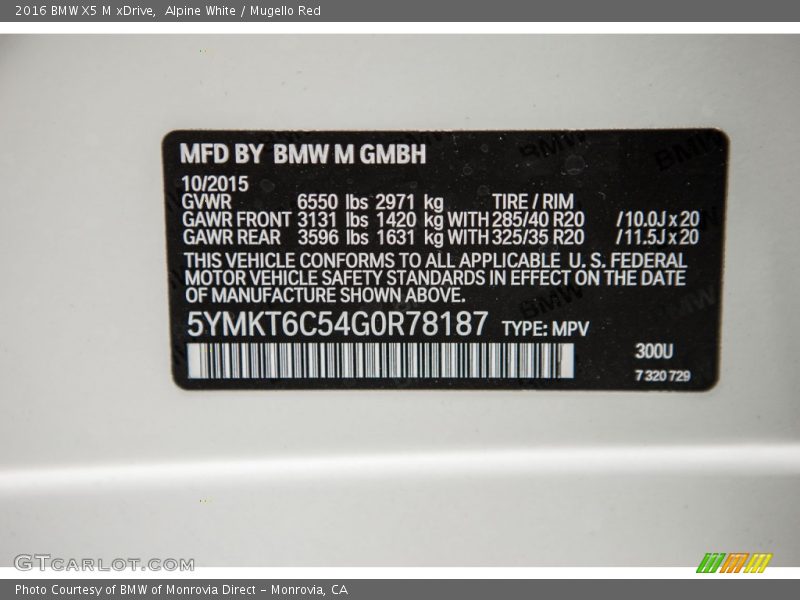 2016 X5 M xDrive Alpine White Color Code 300