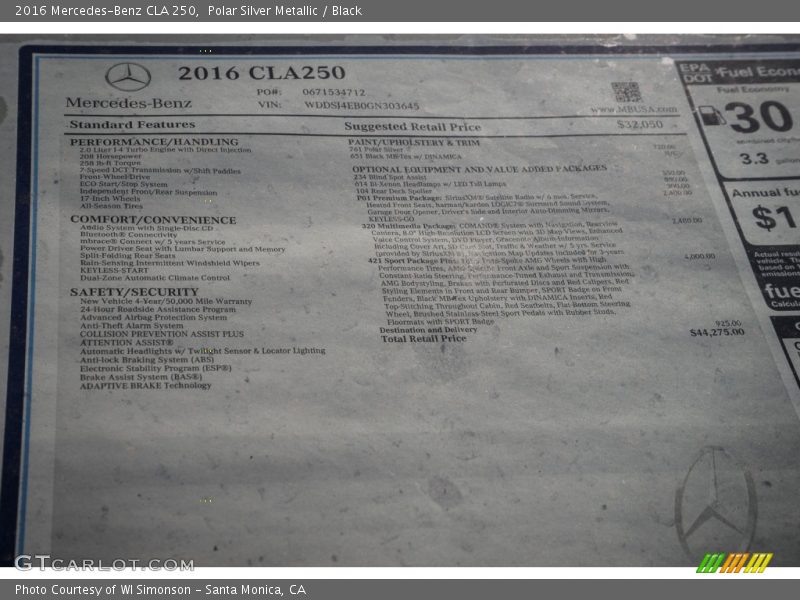  2016 CLA 250 Window Sticker