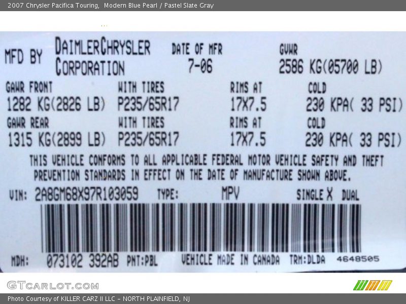 Modern Blue Pearl / Pastel Slate Gray 2007 Chrysler Pacifica Touring