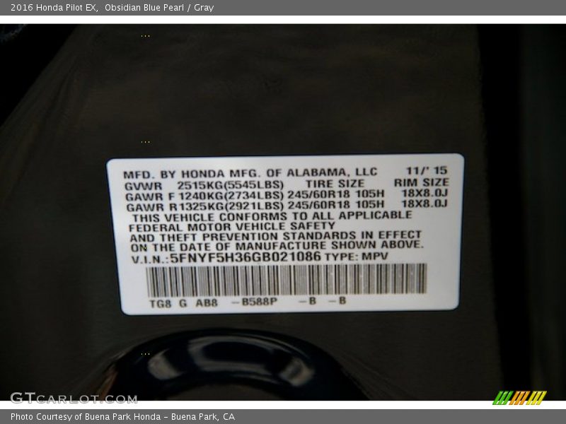 Obsidian Blue Pearl / Gray 2016 Honda Pilot EX