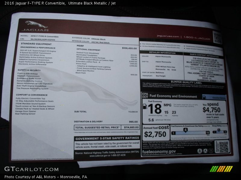  2016 F-TYPE R Convertible Window Sticker