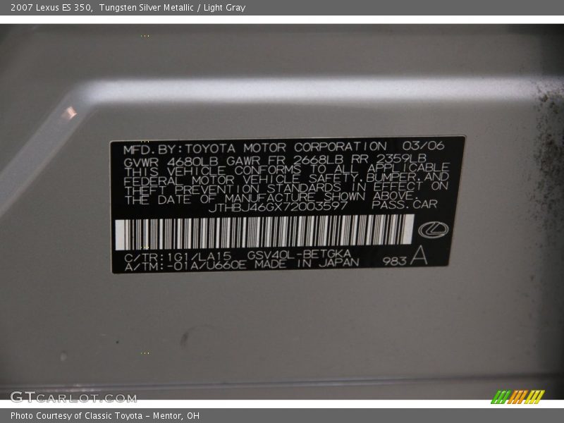 Tungsten Silver Metallic / Light Gray 2007 Lexus ES 350
