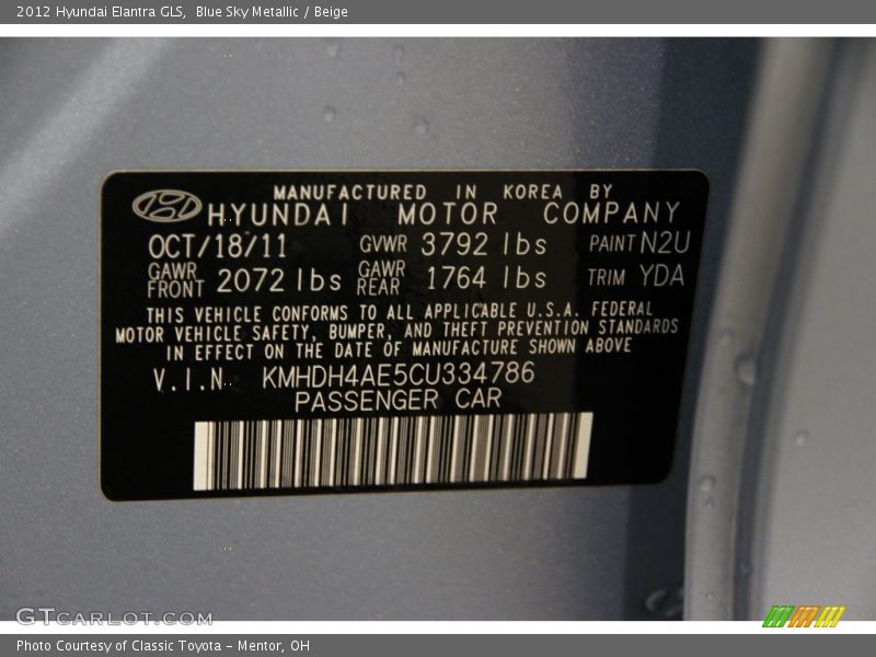 Blue Sky Metallic / Beige 2012 Hyundai Elantra GLS
