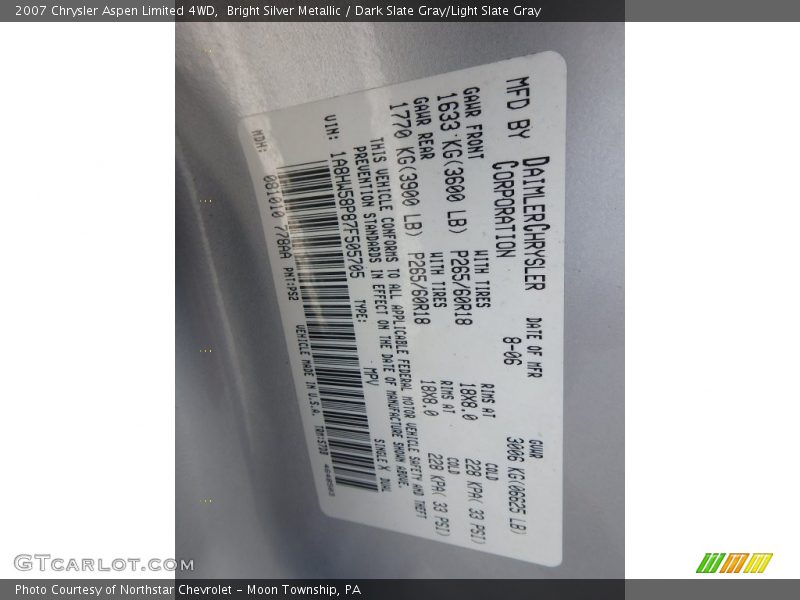 Bright Silver Metallic / Dark Slate Gray/Light Slate Gray 2007 Chrysler Aspen Limited 4WD